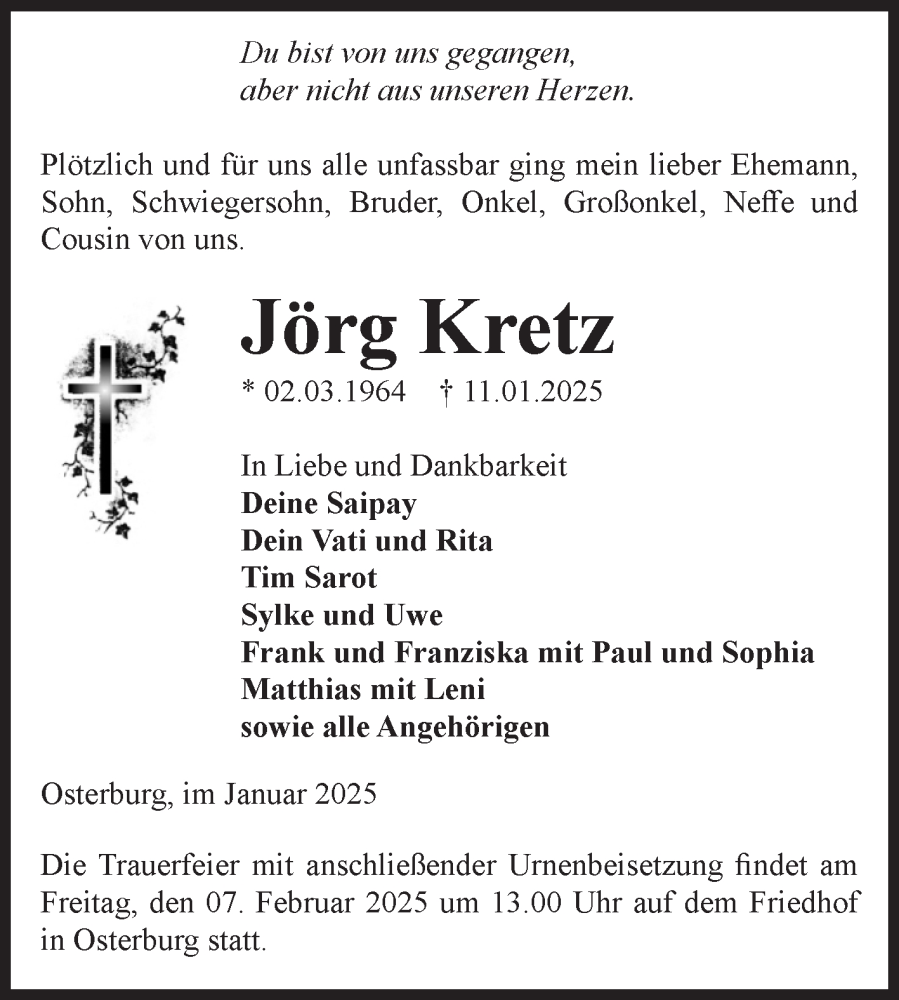  Traueranzeige für Jörg Kretz vom 01.02.2025 aus Volksstimme Altmark Ost