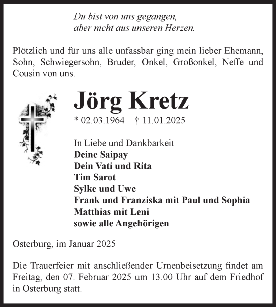 Traueranzeige von Jörg Kretz von Volksstimme Altmark Ost