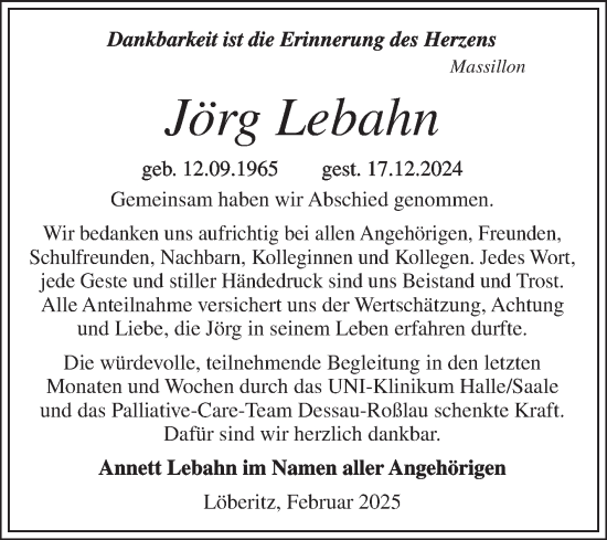 Traueranzeige von Jörg Lebahn von Trauerkombi Bitterfeld