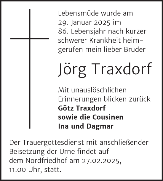 Traueranzeige von Jörg Traxdorf von Mitteldeutsche Zeitung Halle/Saalkreis