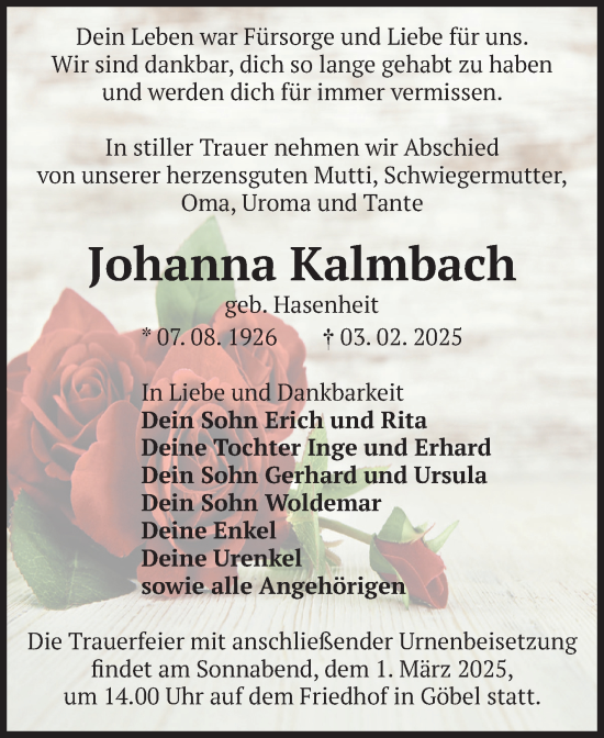 Traueranzeige von Johanna Kalmbach von Volksstimme Zerbst