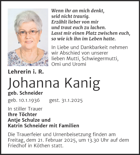 Traueranzeige von Johanna Kanig von Trauerkombi Köthen