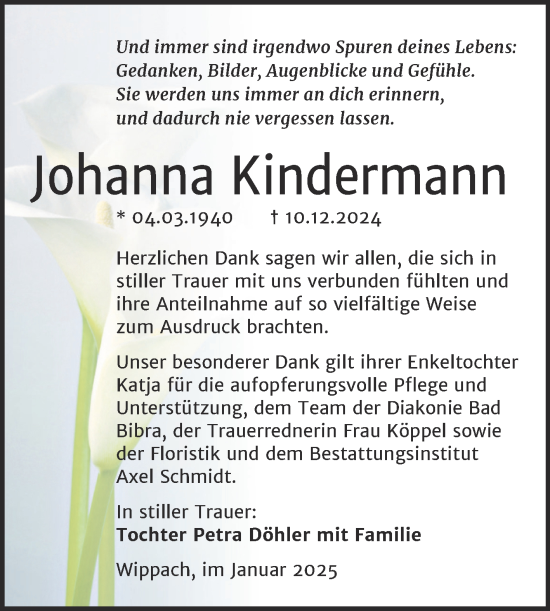Traueranzeige von Johanna Kindermann von Super Sonntag Naumburg/Nebra