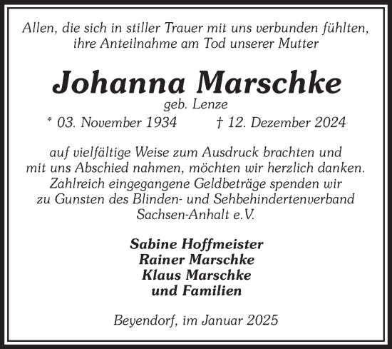 Traueranzeige von Johanna Marschke von Volksstimme Oschersleben/Wanzleben