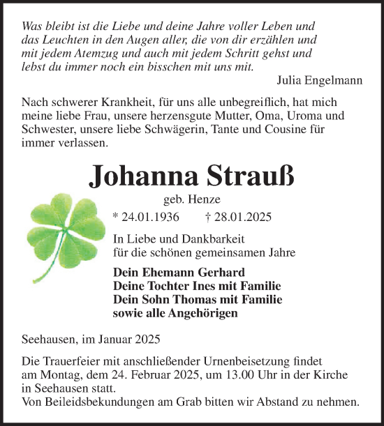 Traueranzeige von Johanna Strauß von Super Sonntag Wittenberg