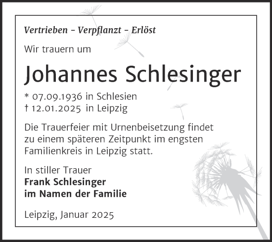 Traueranzeige von Johannes Schlesinger von Mitteldeutsche Zeitung Quedlingburg