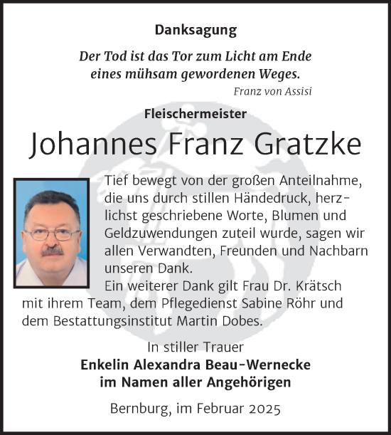 Traueranzeige von Johannes Franz Gratzke von Trauerkombi Bernburg
