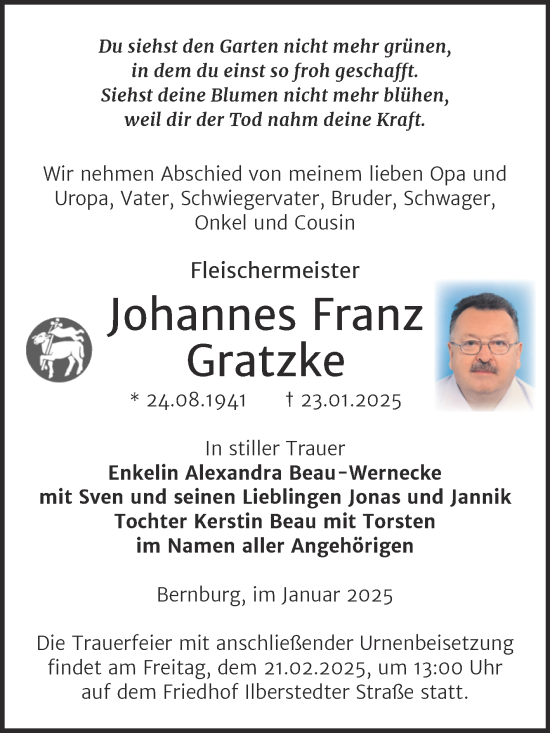 Traueranzeige von Johannes Franz Gratzke von Trauerkombi Bernburg