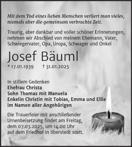 Traueranzeige von Josef Bäuml von Trauerkombi Bernburg