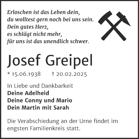 Traueranzeige von Josef Greipel von Trauerkombi Sangerhausen