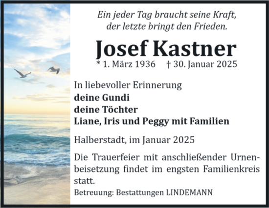 Traueranzeige von Josef Kastner von Volksstimme Halberstadt