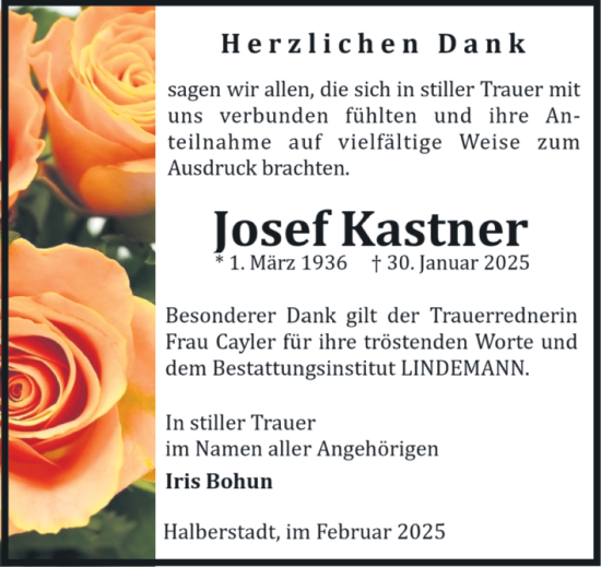 Traueranzeige von Josef Kastner von Volksstimme Halberstadt