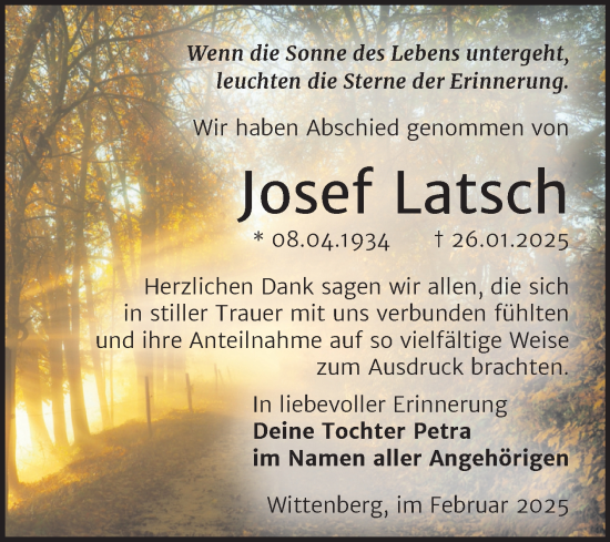 Traueranzeige von Josef Latsch von Trauerkombi Wittenberg