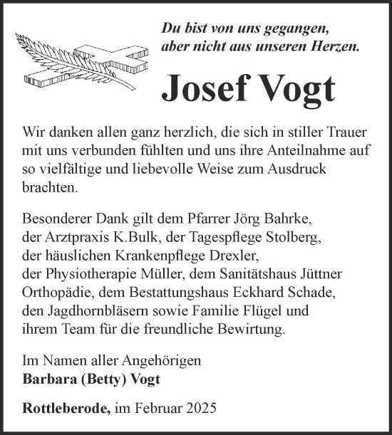 Traueranzeige von Josef Vogt von Trauerkombi Sangerhausen