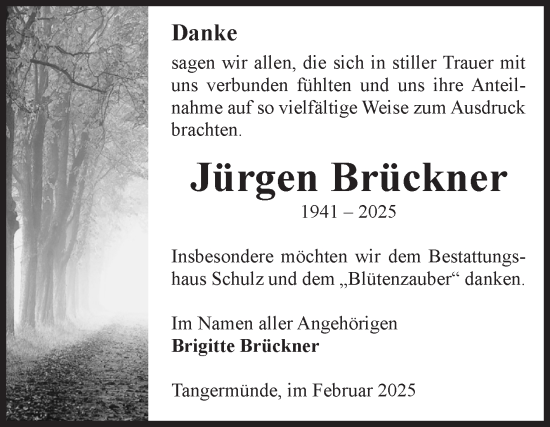 Traueranzeige von Jürgen Brückner von Volksstimme Altmark Ost