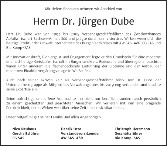 Traueranzeige von Jürgen Dube 