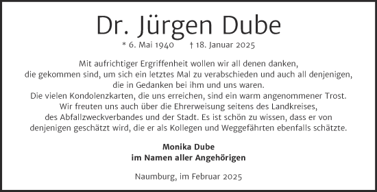 Traueranzeige von Jürgen Dube von Naumburger Tageblatt