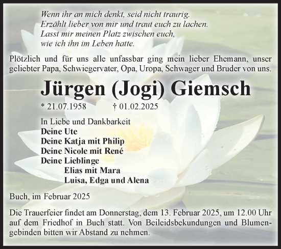 Traueranzeige von Jürgen Giemsch von Volksstimme Altmark Ost