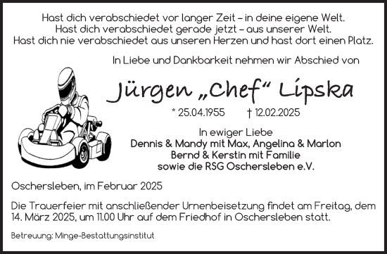 Traueranzeige von Jürgen Lipska von Volksstimme Oschersleben/Wanzleben