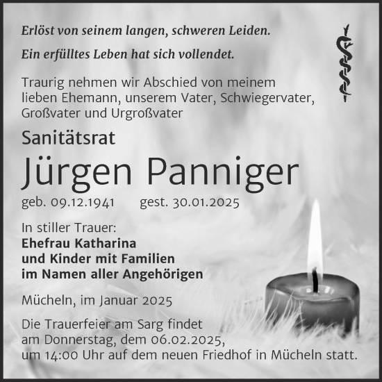 Traueranzeige von Jürgen Panniger von Mitteldeutsche Zeitung Merseburg/Querfurt