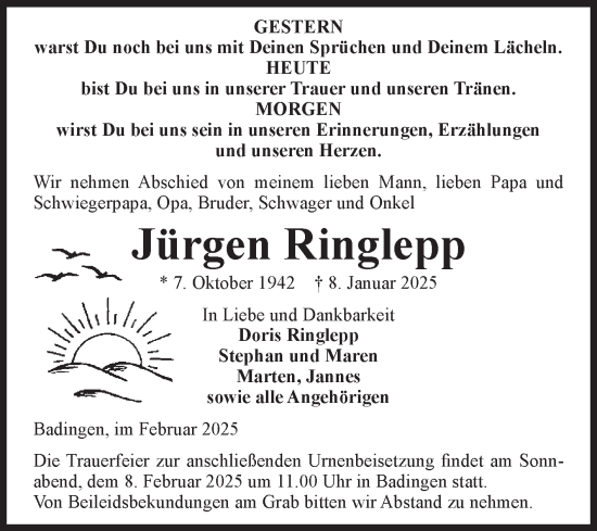Traueranzeige von Jürgen Ringlepp von Volksstimme Altmark Ost