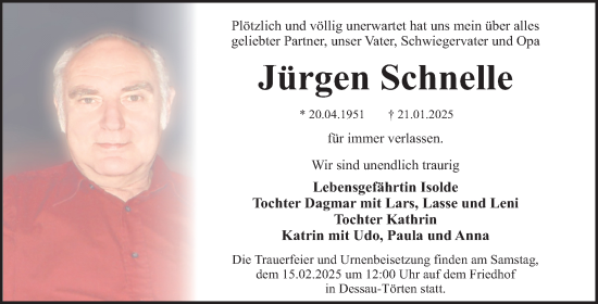 Traueranzeige von Jürgen Schnelle von Trauerkombi Dessau