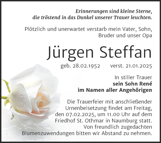 Traueranzeige von Jürgen Steffan von Super Sonntag Naumburg/Nebra