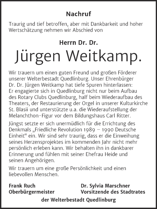 Traueranzeige von Jürgen Weitkamp von Mitteldeutsche Zeitung Quedlingburg