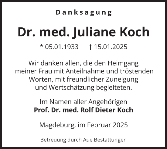 Traueranzeige von Juliane Koch von Volksstimme Magdeburg