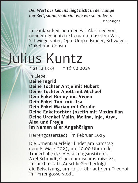 Traueranzeige von Julius Kuntz von Super Sonntag Naumburg/Nebra
