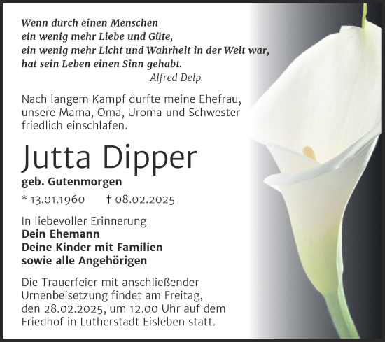 Traueranzeige von Jutta Dipper von Mitteldeutsche Zeitung Mansfelder Land