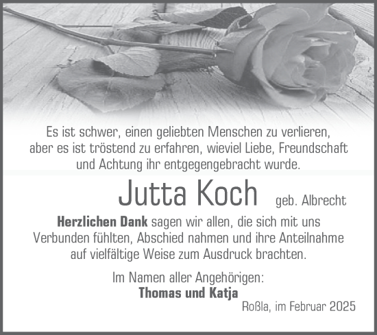 Traueranzeige von Jutta Koch von Trauerkombi Sangerhausen