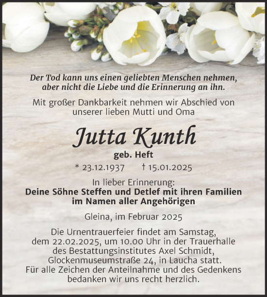 Traueranzeige von Jutta Kunth von Super Sonntag Naumburg/Nebra