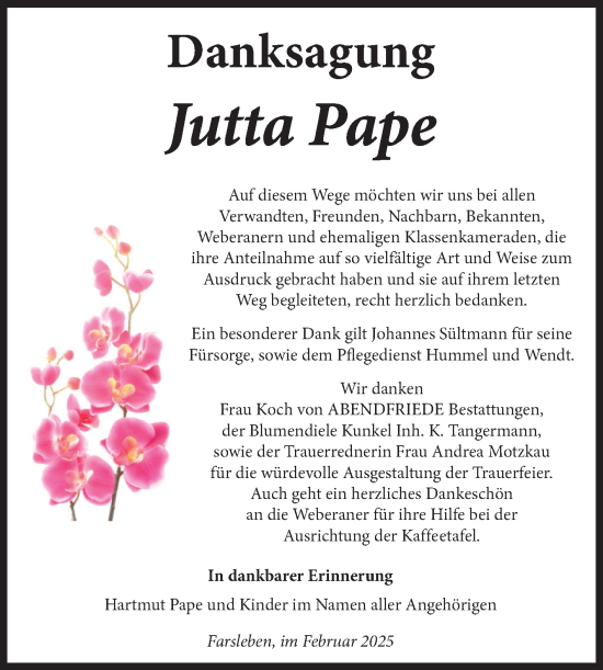 Traueranzeige von Jutta Pape von Volksstimme Haldensleben/Wolmirstedt