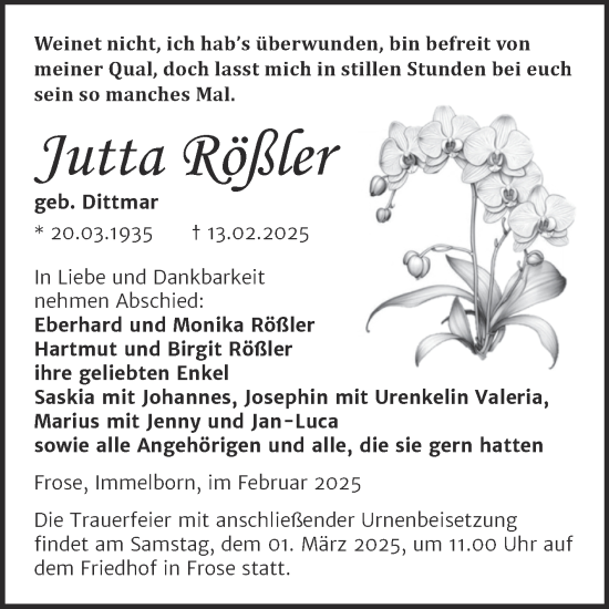 Traueranzeige von Jutta Rößler von Trauerkombi Aschersleben