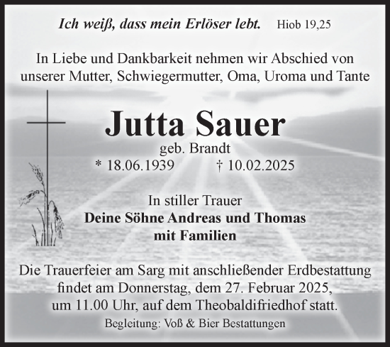 Traueranzeige von Jutta Sauer von Volksstimme Wernigerode