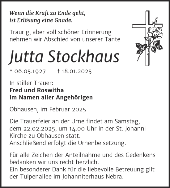 Traueranzeige von Jutta Stockhaus von Trauerkombi Merseburg