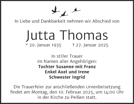 Traueranzeige von Jutta Thomas von Mitteldeutsche Zeitung Halle/Saalkreis
