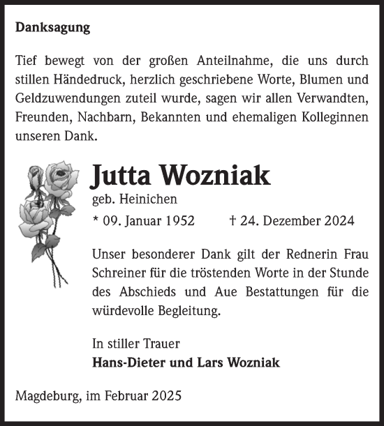 Traueranzeige von Jutta Wozniak von Volksstimme Magdeburg
