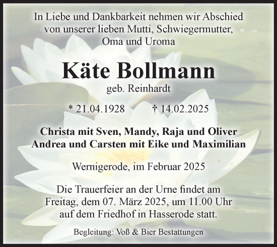 Traueranzeige von Käte Bollmann von Volksstimme Wernigerode