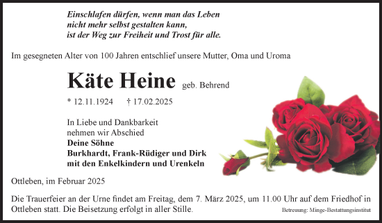 Traueranzeige von Käte Heine von Volksstimme Oschersleben/Wanzleben