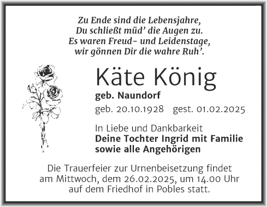 Traueranzeige von Käte König von Trauerkombi Weißenfels