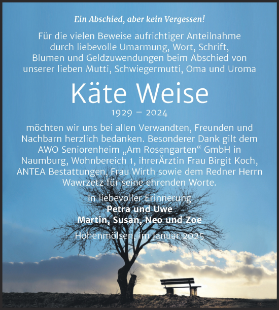 Traueranzeige von Käte Weise von Trauerkombi Weißenfels