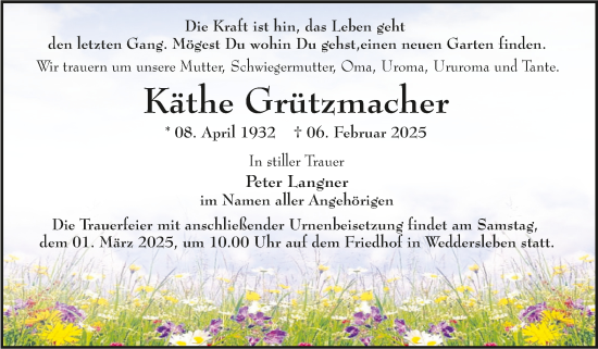 Traueranzeige von Käthe Grützmacher von Trauerkombi Quedlinburg