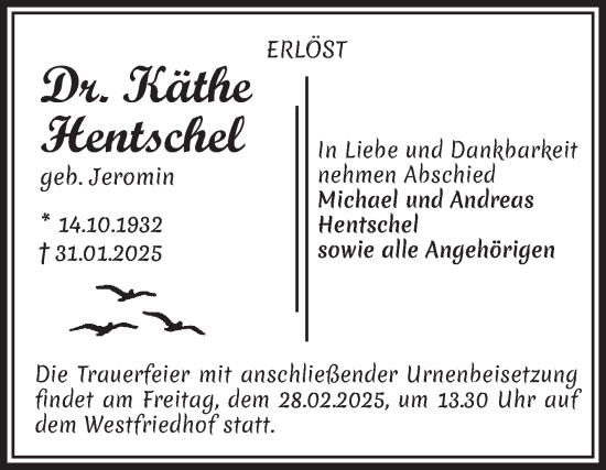 Traueranzeige von Käthe Hentschel von Volksstimme Magdeburg
