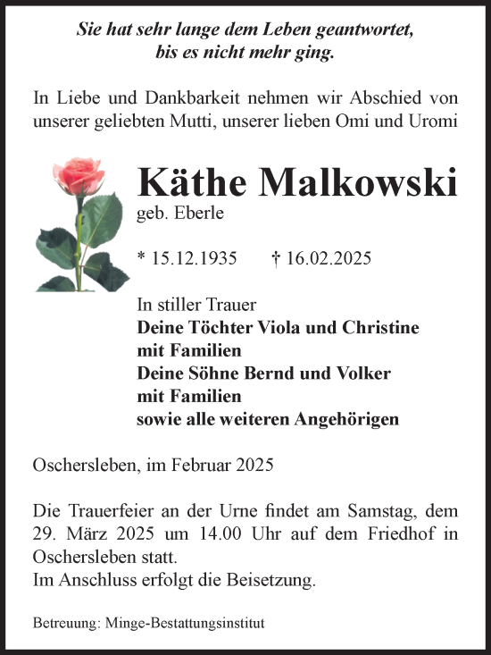 Traueranzeige von Käthe Malkowski von Volksstimme Oschersleben/Wanzleben