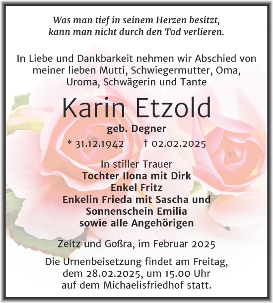 Traueranzeige von Karin Etzold von Trauerkombi Zeitz