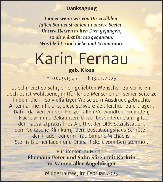 Traueranzeige von Karin Fernau von Trauerkombi Bitterfeld