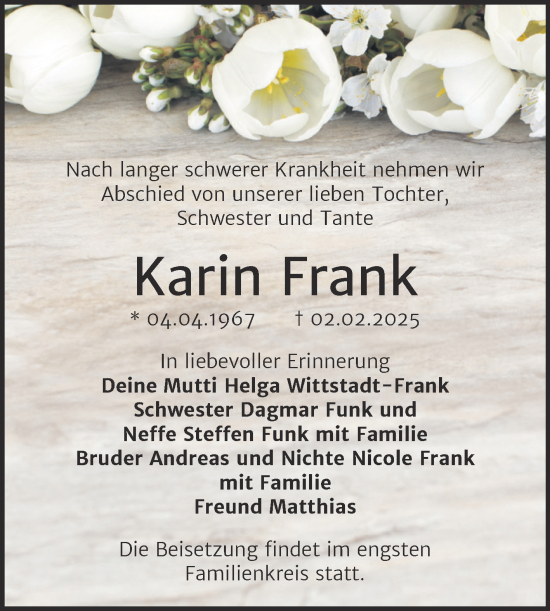 Traueranzeige von Karin Frank von Mitteldeutsche Zeitung Halle/Saalkreis