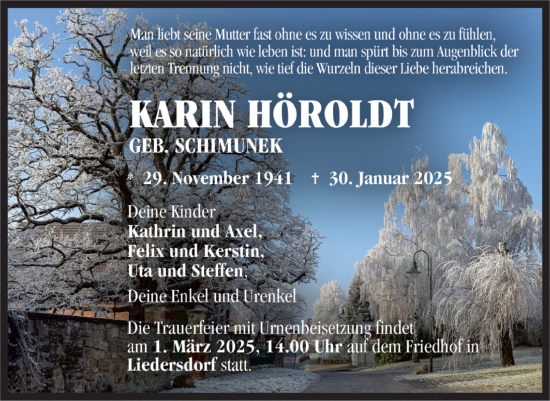 Traueranzeige von Karin Höroldt von Trauerkombi Sangerhausen